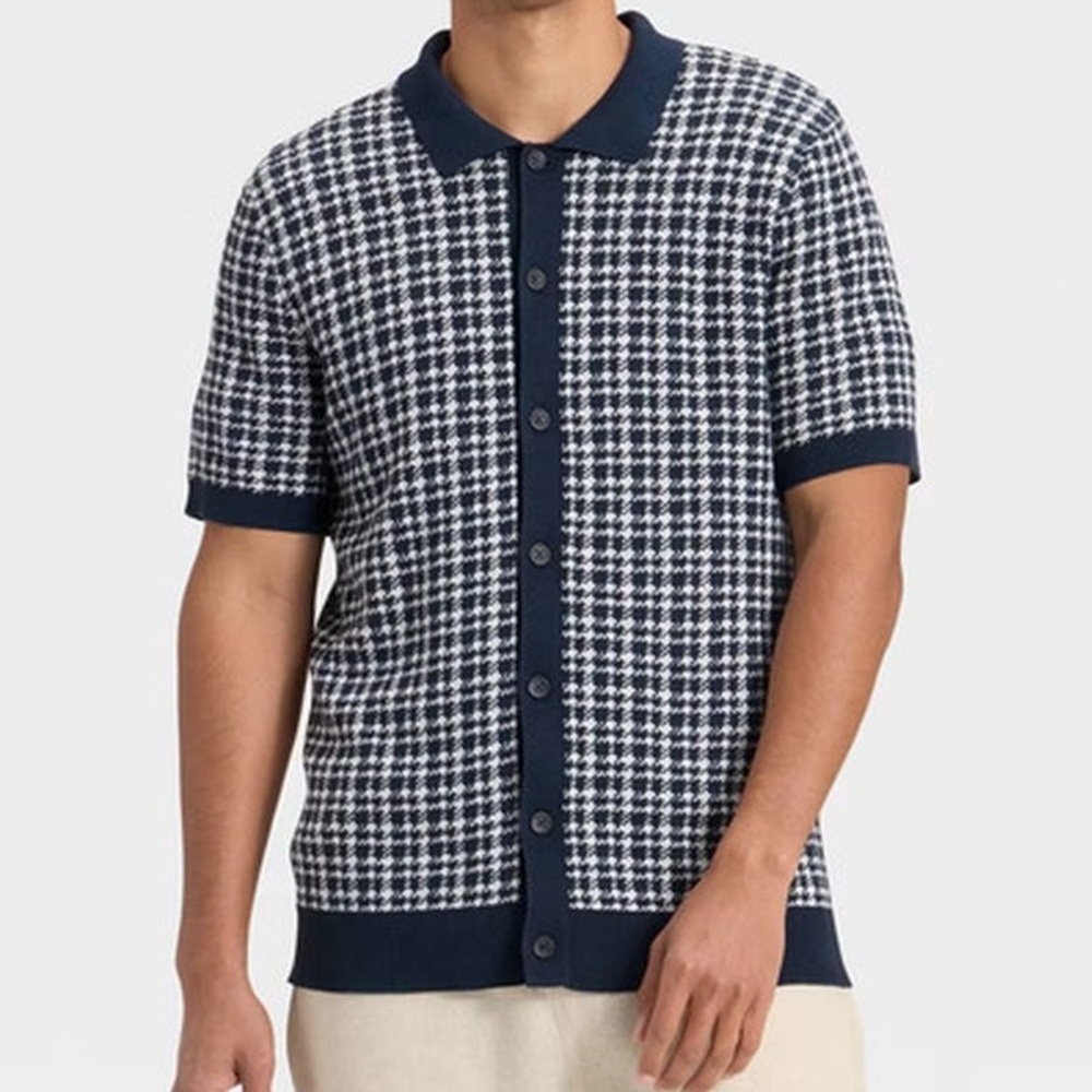 Goodfellow & Co Men's Short Sleeve Full Button Sweater Navy/Cream Size M